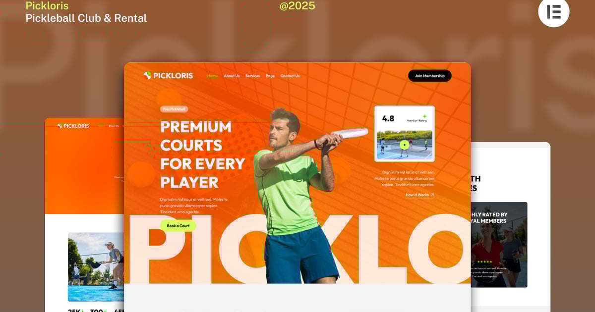 Pickloris - Pickleball Club & Rental Court Website Elementor Template Kit
