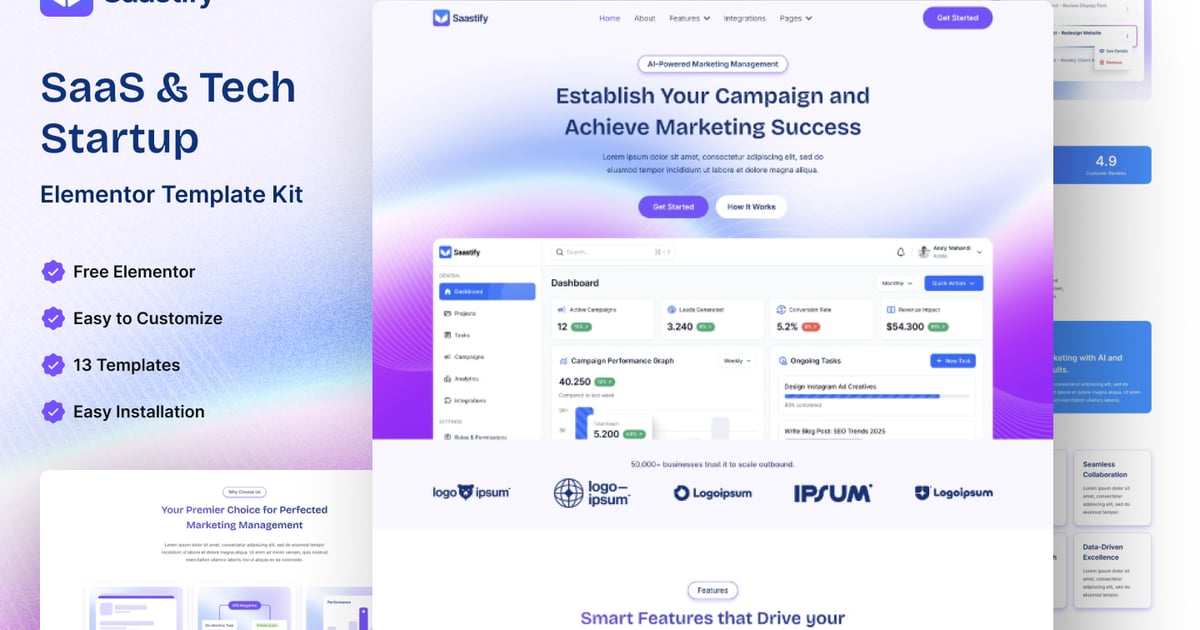 Saastify - SaaS & Tech Startup Elementor Template Kit