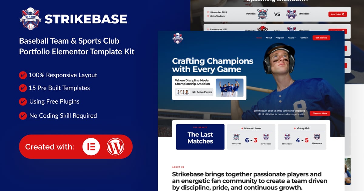 StrikeBase - Baseball Team & Sport Club Elemtor Template Kit