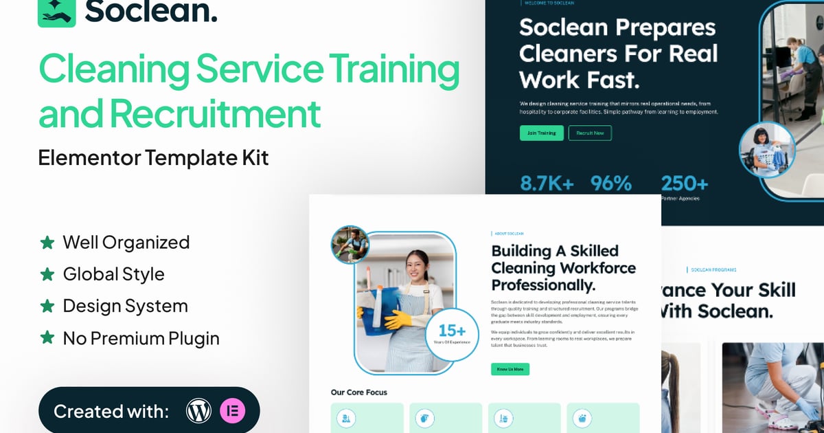 Soclean - Cleaning Service Training and Recruitment Elementor Template Kit