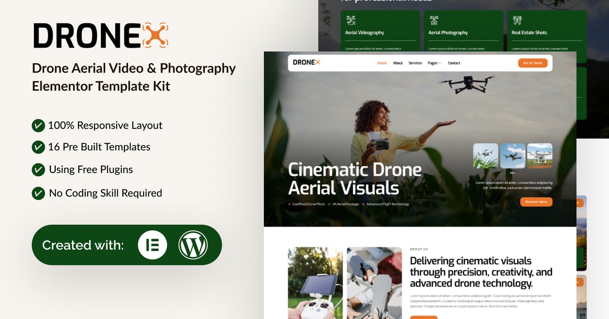 Dronex - Drone Aerial Video & Photography Elementor Template Kit